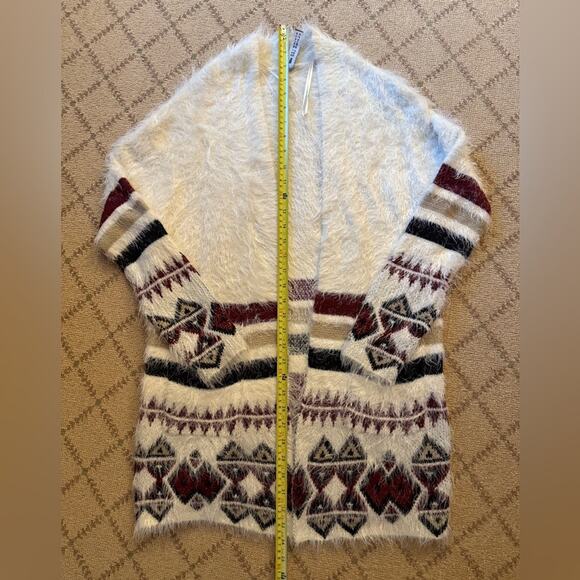 Design Lab ivory open front long sleeved cardigan w black & maroon design XS - Picture 3 of 9